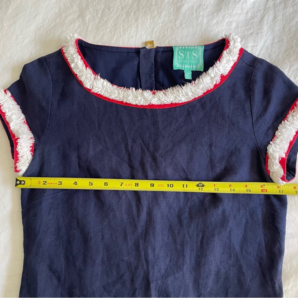 Sail to Sable 100% Linen Navy Blue Red White Fringe Trim Mini Shift Dress 4 - Picture 12 of 13